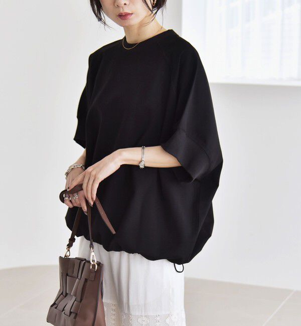 quaranciel「《一部追加予約》quaranciel:〈洗濯機可能〉ライト ポンチ ハーフスリーブ ドロスト ルーズ TEE」|Tシャツ・カットソー|ブラック