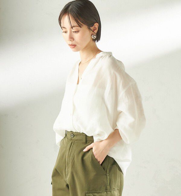 SHIPS for women「〈手洗い可能〉IMPERIAL LINEN 混 バンドカラー スキッパー シャツ」|シャツ・ブラウス|