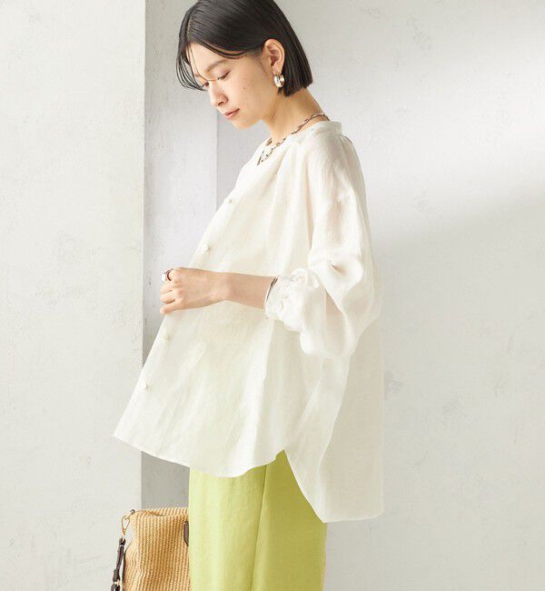 SHIPS for women「〈手洗い可能〉IMPERIAL LINEN 混 バンドカラー スキッパー シャツ」|シャツ・ブラウス|