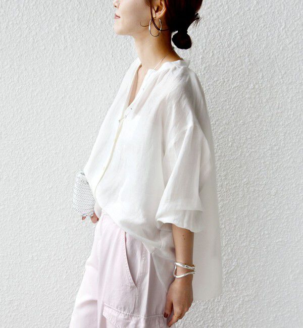 SHIPS for women「〈手洗い可能〉IMPERIAL LINEN 混 バンドカラー スキッパー シャツ」|シャツ・ブラウス|