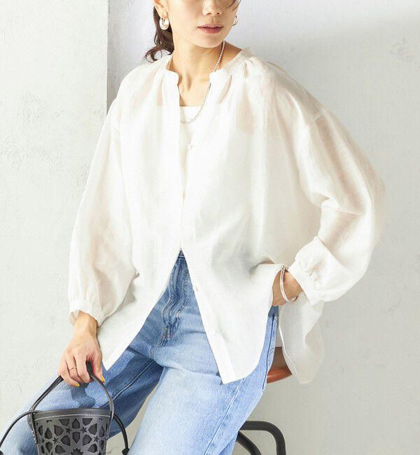 SHIPS for women「〈手洗い可能〉IMPERIAL LINEN 混 バンドカラー スキッパー シャツ」|シャツ・ブラウス|