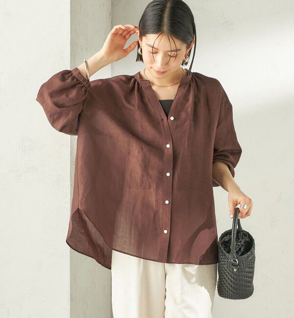 SHIPS for women「〈手洗い可能〉IMPERIAL LINEN 混 バンドカラー スキッパー シャツ」|シャツ・ブラウス|
