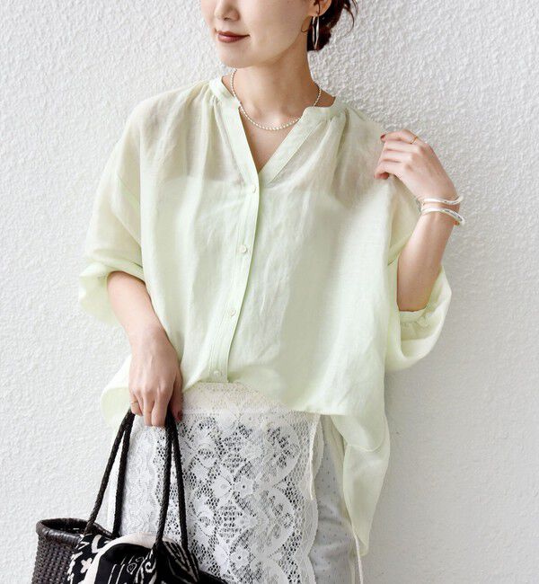 SHIPS for women「〈手洗い可能〉IMPERIAL LINEN 混 バンドカラー スキッパー シャツ」|シャツ・ブラウス|ミント