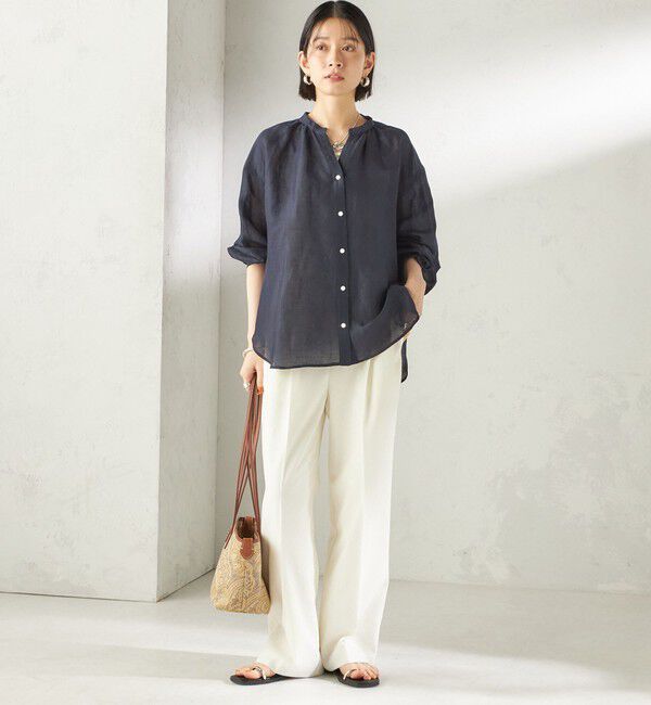 SHIPS for women「〈手洗い可能〉IMPERIAL LINEN 混 バンドカラー スキッパー シャツ」|シャツ・ブラウス|