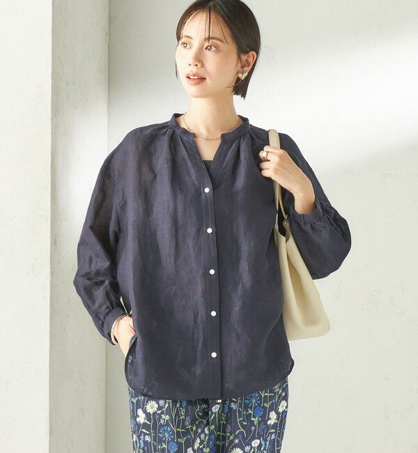 SHIPS for women「〈手洗い可能〉IMPERIAL LINEN 混 バンドカラー スキッパー シャツ」|シャツ・ブラウス|