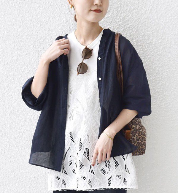 SHIPS for women「〈手洗い可能〉IMPERIAL LINEN 混 バンドカラー スキッパー シャツ」|シャツ・ブラウス|