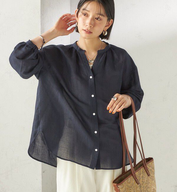 SHIPS for women「〈手洗い可能〉IMPERIAL LINEN 混 バンドカラー スキッパー シャツ」|シャツ・ブラウス|