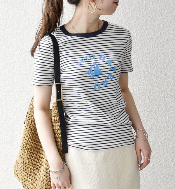 SHIPS any「【SHIPS any別注】PETIT BATEAU: ロゴ プリント コンパクト ボーダー TEE 26SS」|Tシャツ・カットソー|ネイビー
