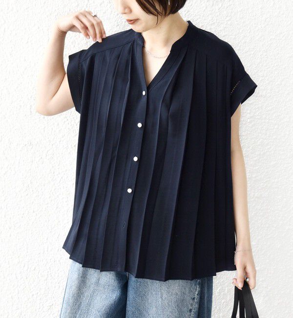 SHIPS for women「【WEB限定】〈手洗い可能〉ストレッチ ジョーゼット プリーツ スキッパー ブラウス」|シャツ・ブラウス|ダークブルー