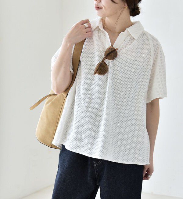 quaranciel「quaranciel:〈手洗い可能〉コットン 刺繍 スキッパー ギャザー プルオーバー シャツ」|シャツ・ブラウス|