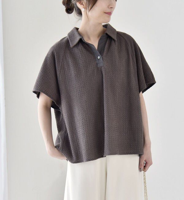 quaranciel「quaranciel:〈手洗い可能〉コットン 刺繍 スキッパー ギャザー プルオーバー シャツ」|シャツ・ブラウス|