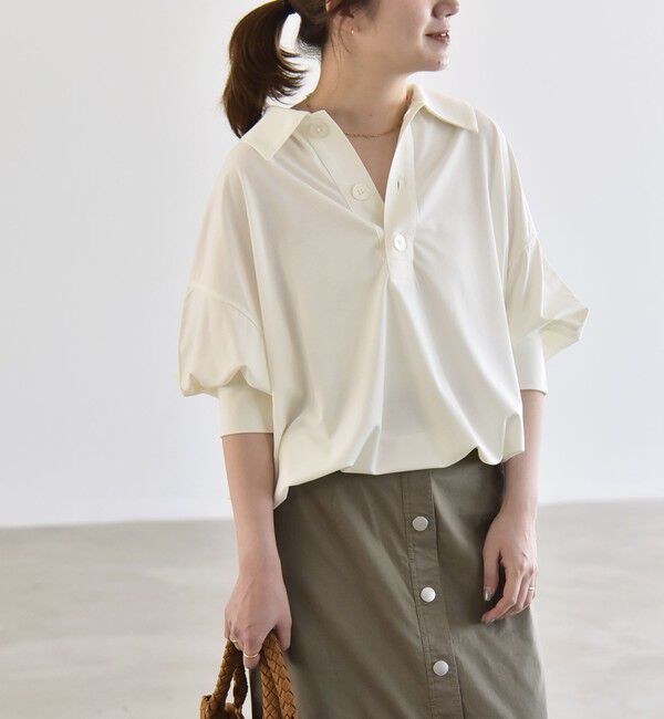 quaranciel「quaranciel:〈接触冷感/洗濯機可能〉シルク ミックス ポンチ ドロスト ポロ プルオーバー」|Tシャツ・カットソー|