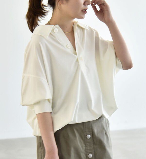quaranciel「quaranciel:〈接触冷感/洗濯機可能〉シルク ミックス ポンチ ドロスト ポロ プルオーバー」|Tシャツ・カットソー|