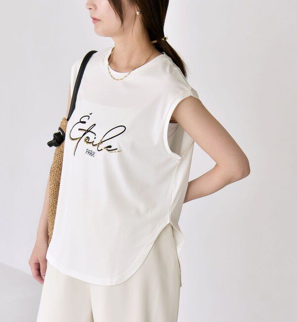 quaranciel「quaranciel:〈洗濯機可能〉スパンコール ロゴ 刺繍 フレンチスリーブ TEE」|Tシャツ・カットソー|