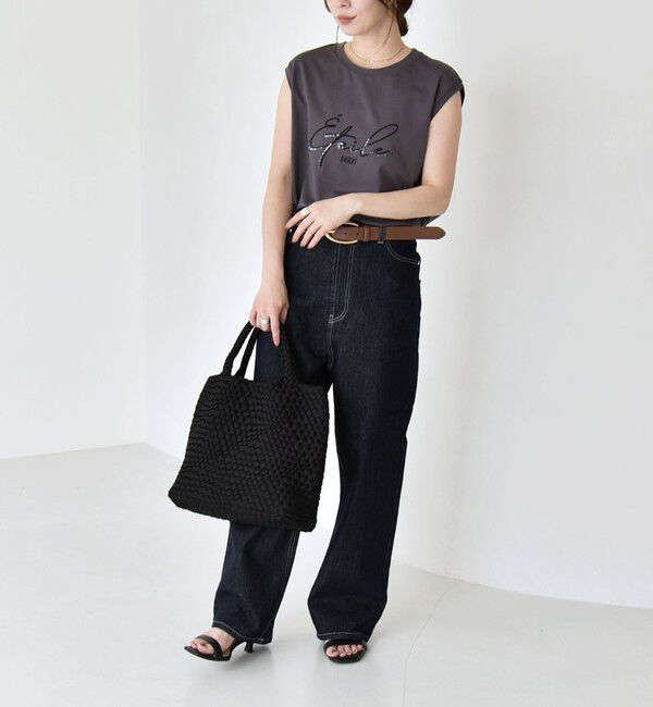 quaranciel「quaranciel:〈洗濯機可能〉スパンコール ロゴ 刺繍 フレンチスリーブ TEE」|Tシャツ・カットソー|