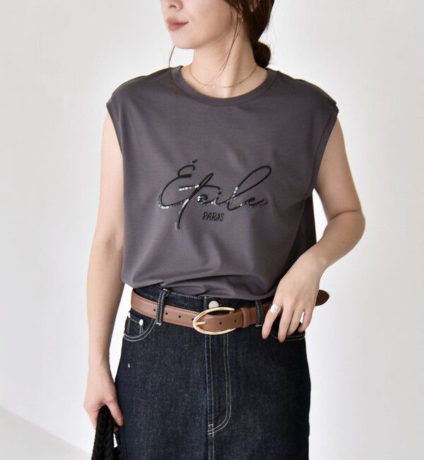 quaranciel「quaranciel:〈洗濯機可能〉スパンコール ロゴ 刺繍 フレンチスリーブ TEE」|Tシャツ・カットソー|