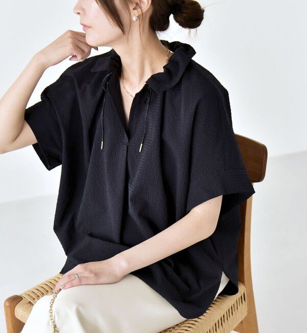 quaranciel「quaranciel:〈手洗い可能〉サッカー ドロストカラー スキッパー シャツ ブラウス」|シャツ・ブラウス|ネイビー