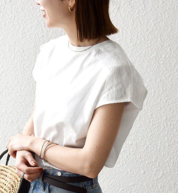 SHIPS any「SHIPS any:〈洗濯機可能〉ジャージー フレンチスリーブ レース TEE」|Tシャツ・カットソー|