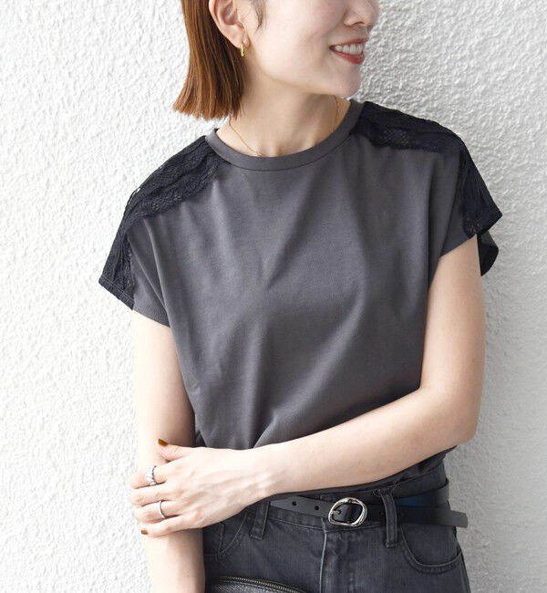 SHIPS any「SHIPS any:〈洗濯機可能〉ジャージー フレンチスリーブ レース TEE」|Tシャツ・カットソー|チャコールグレー