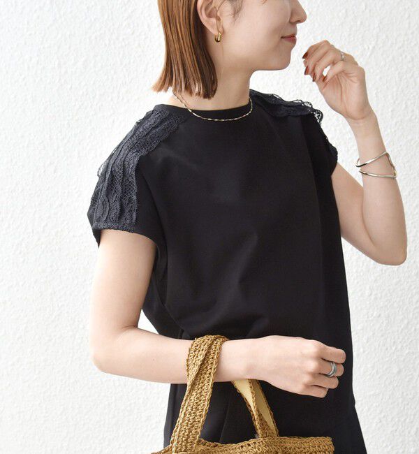 SHIPS any「SHIPS any:〈洗濯機可能〉ジャージー フレンチスリーブ レース TEE」|Tシャツ・カットソー|ブラック