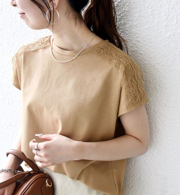 SHIPS any「SHIPS any:〈洗濯機可能〉ジャージー フレンチスリーブ レース TEE」|Tシャツ・カットソー|ベージュ