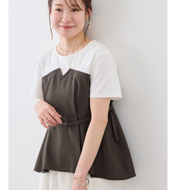 Rope&rsquo;Picnic「【cahoさんコラボ】低身長・小柄さんサイズ エアリーリネンライク ドッキングカットトップス」|Tシャツ・カットソー|