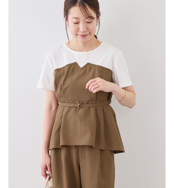 Rope&rsquo;Picnic「【cahoさんコラボ】低身長・小柄さんサイズ エアリーリネンライク ドッキングカットトップス」|Tシャツ・カットソー|