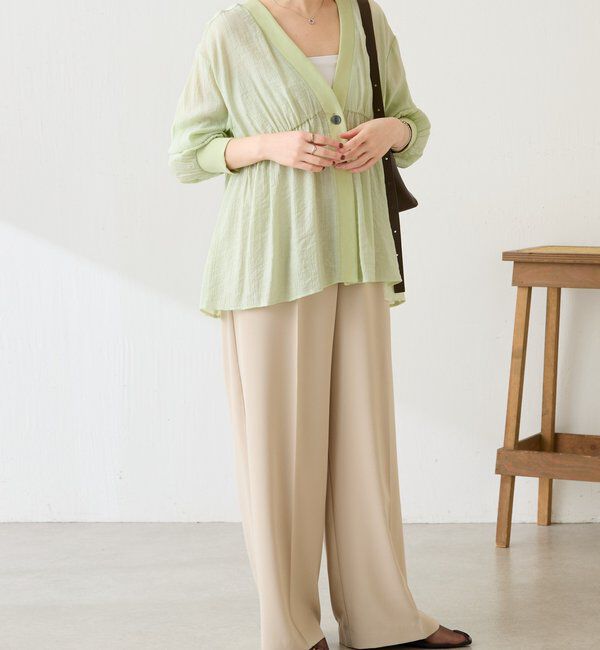 「《1枚で着映える/体型カバー》ギャザー切替シアーシャツカーディガン」|カーディガン|