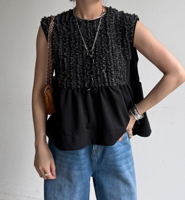  「【WEB限定】カットジョーゼットフリルトップス」|Tシャツ・カットソー|ブラック