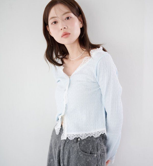  「【新色・新サイズ追加】レース切替カーディガン」|Tシャツ・カットソー|