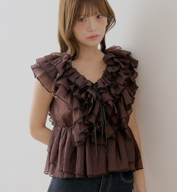 「【SALON by Chico】バイカラーラッフルフリルペプラムブラウス」|シャツ・ブラウス|