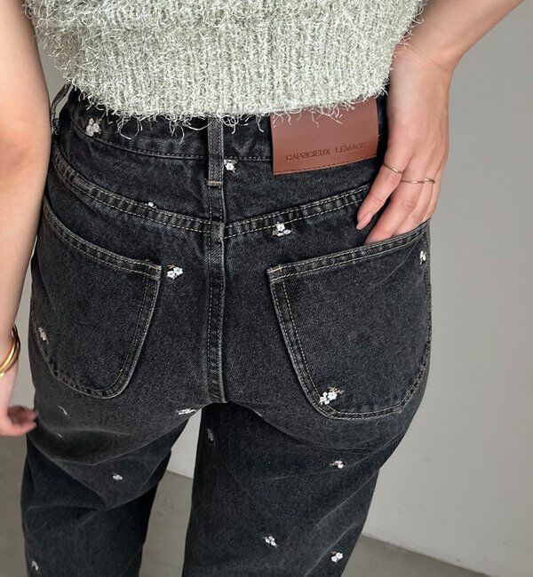  「【低身長サイズあり】小花刺繍デニム」|デニム|ブラック