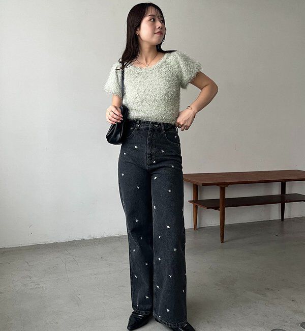  「【低身長サイズあり】小花刺繍デニム」|デニム|