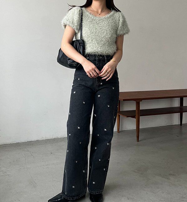  「【低身長サイズあり】小花刺繍デニム」|デニム|