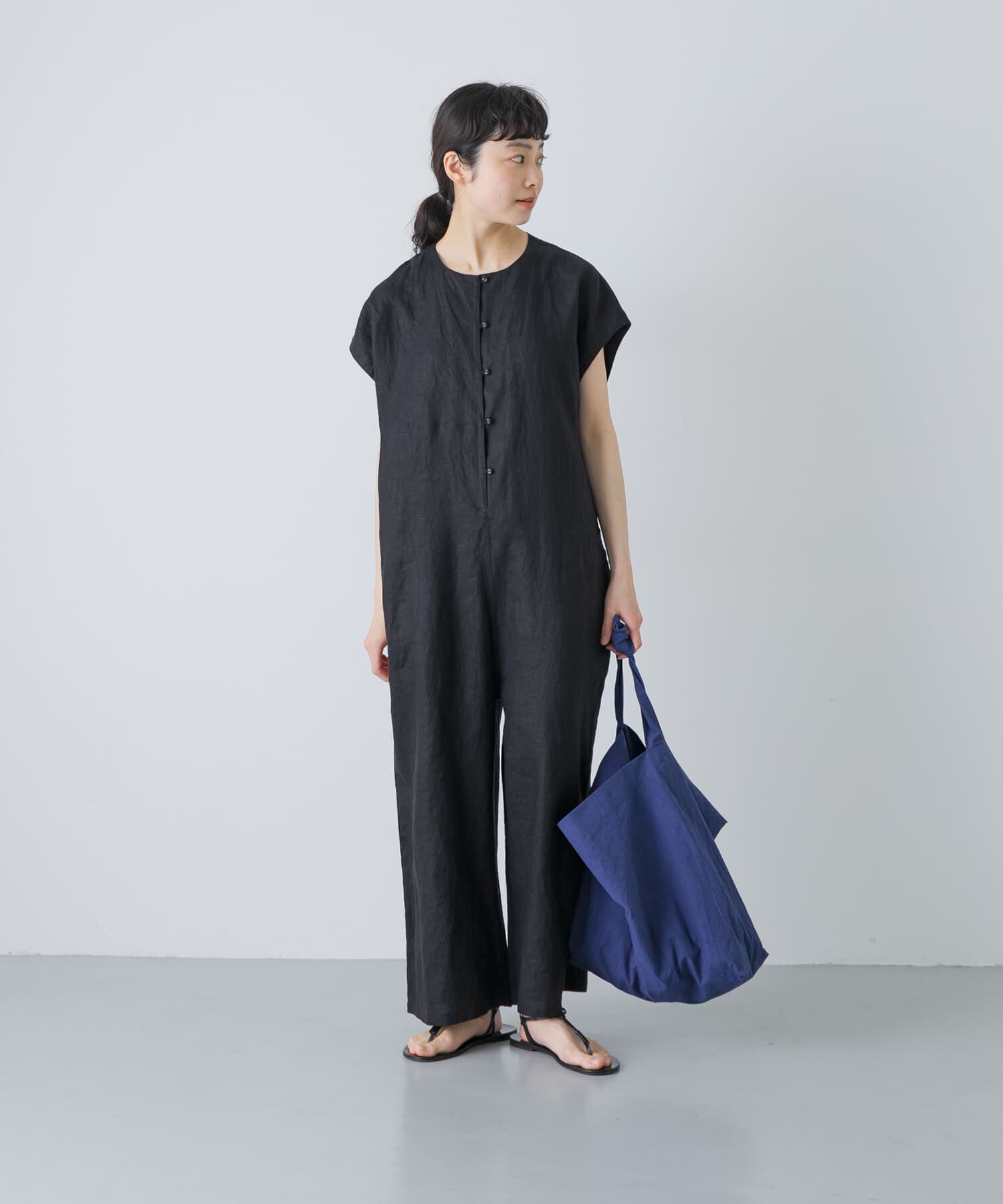 かぐれ「『2サイズ展開』リネンオールインワン」|オールインワン|ブラック