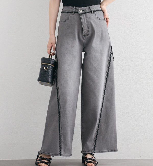  「【SMサイズ展開あり】レース付きワイドデニムパンツ」|その他|グレー