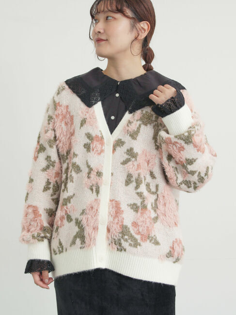 Samansa Mos2「無地・花柄シャギーVネックカーディガン」|カーディガン|オフホワイト