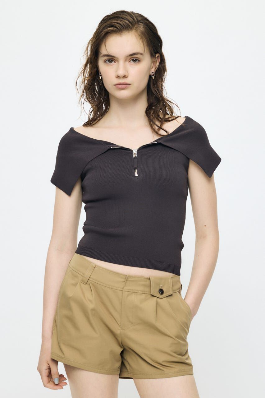 MOUSSY「OFF SHOULDER HALF ZIP ニットトップス」|ニット・セーター|BRN