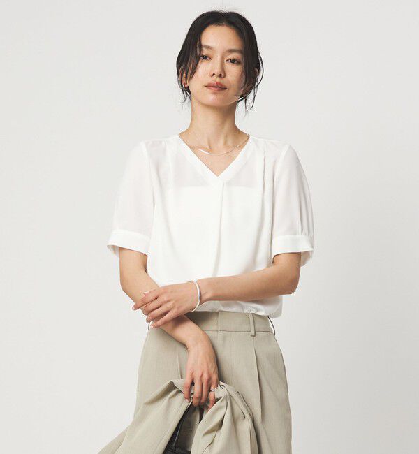UNITED ARROWS green label relaxing「Vネック ショートスリーブ ブラウス マシンウォッシャブル 」|シャツ・ブラウス|WHITE
