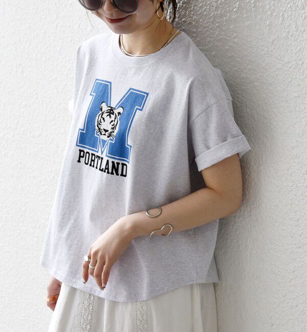 SHIPS any「【SHIPS any別注】THE KNiTS:〈洗濯機可能〉ラウンドヘム プリント ショート TEE」|Tシャツ・カットソー|ライトグレー