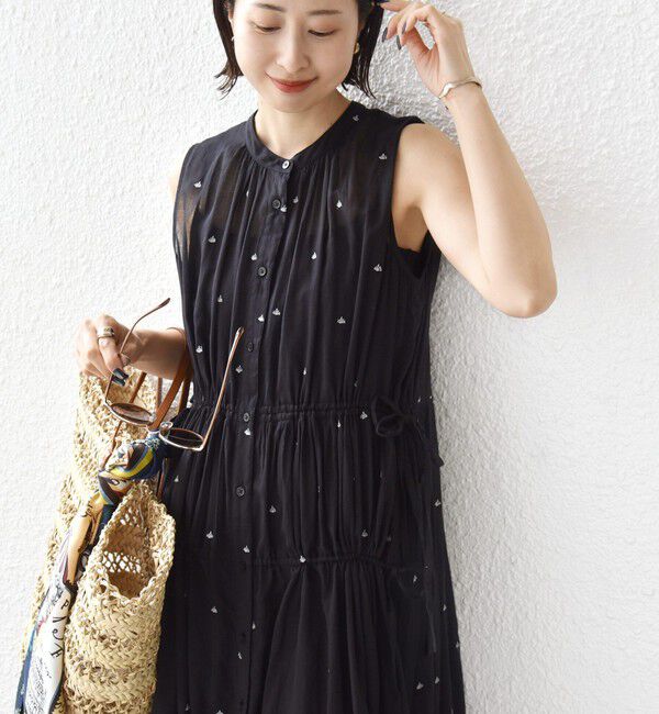 SHIPS for women「〈手洗い可能〉コットン オーガンジー 刺繍 ウエスト ドロスト ワンピース」|ワンピース|ブラック