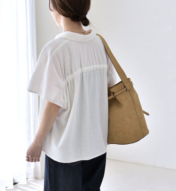 quaranciel「quaranciel:〈手洗い可能〉コットン 刺繍 スキッパー ギャザー プルオーバー シャツ」|シャツ・ブラウス|