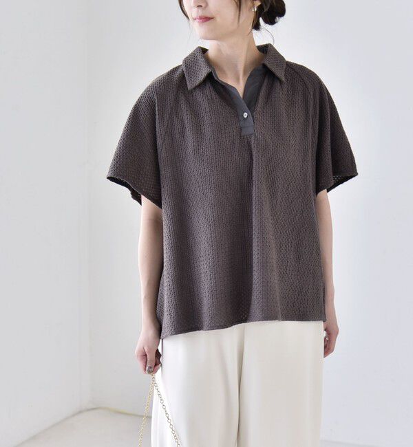 quaranciel「quaranciel:〈手洗い可能〉コットン 刺繍 スキッパー ギャザー プルオーバー シャツ」|シャツ・ブラウス|