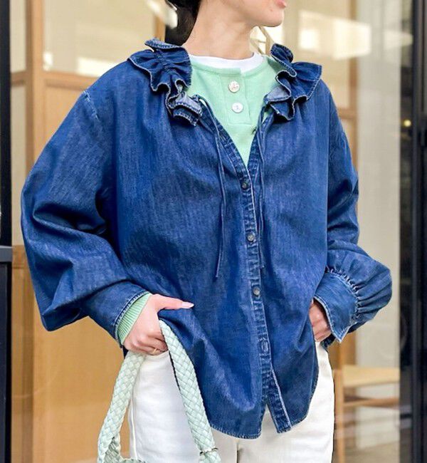 Rie Miller「【RM denim】フリルギャザーデニムブラウス」|シャツ・ブラウス|
