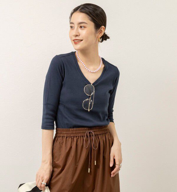 MAQWEL「【MAQWEL/マクウェル】ウォッシャブルCOTTON RIB 7分袖VネックTシャツ」|Tシャツ・カットソー|