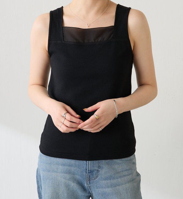  「【万能インナー】 シアー切り替えスクエアタンクトップ」|Tシャツ・カットソー|