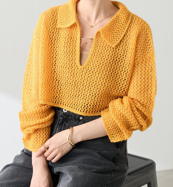  「【抜け感】メッシュクロップドスキッパーニット」|ニット・セーター|オレンジ