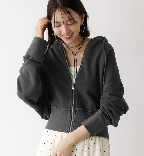 abahouse mavie「【裏毛】ピグメントショートジップパーカー/ヴィンテージ風/長袖/スウェット/春服」|パーカー|