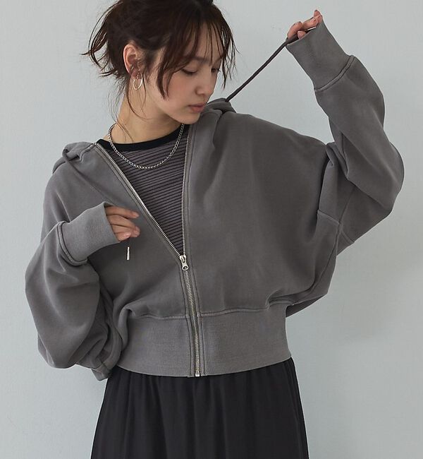abahouse mavie「【裏毛】ピグメントショートジップパーカー/ヴィンテージ風/長袖/スウェット/春服」|パーカー|グレー
