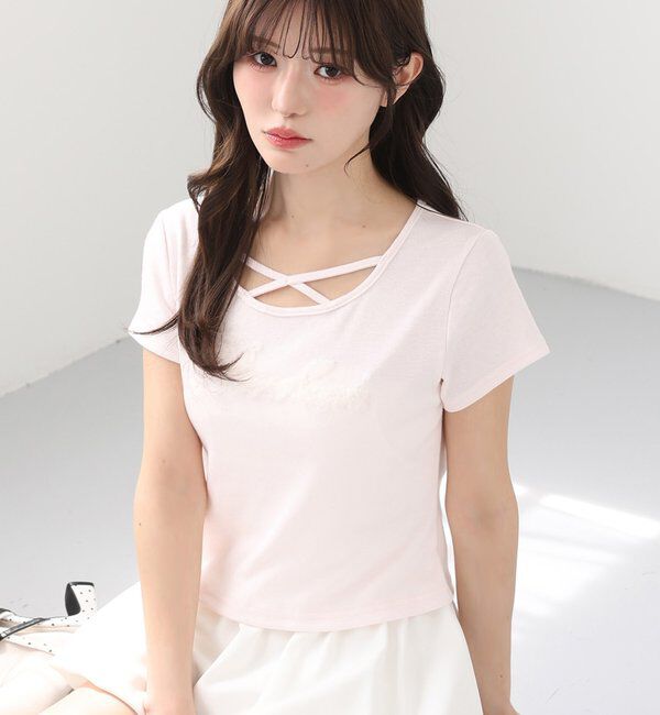  「ホルターネック付きチュールロゴＴシャツ」|プルオーバー|ピンク
